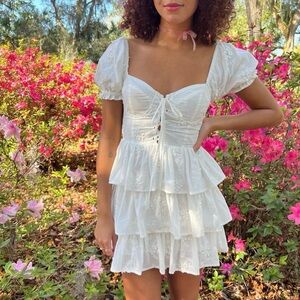 Altar'd State White Tiered Eyelet Puff-Sleeve Mini Dress